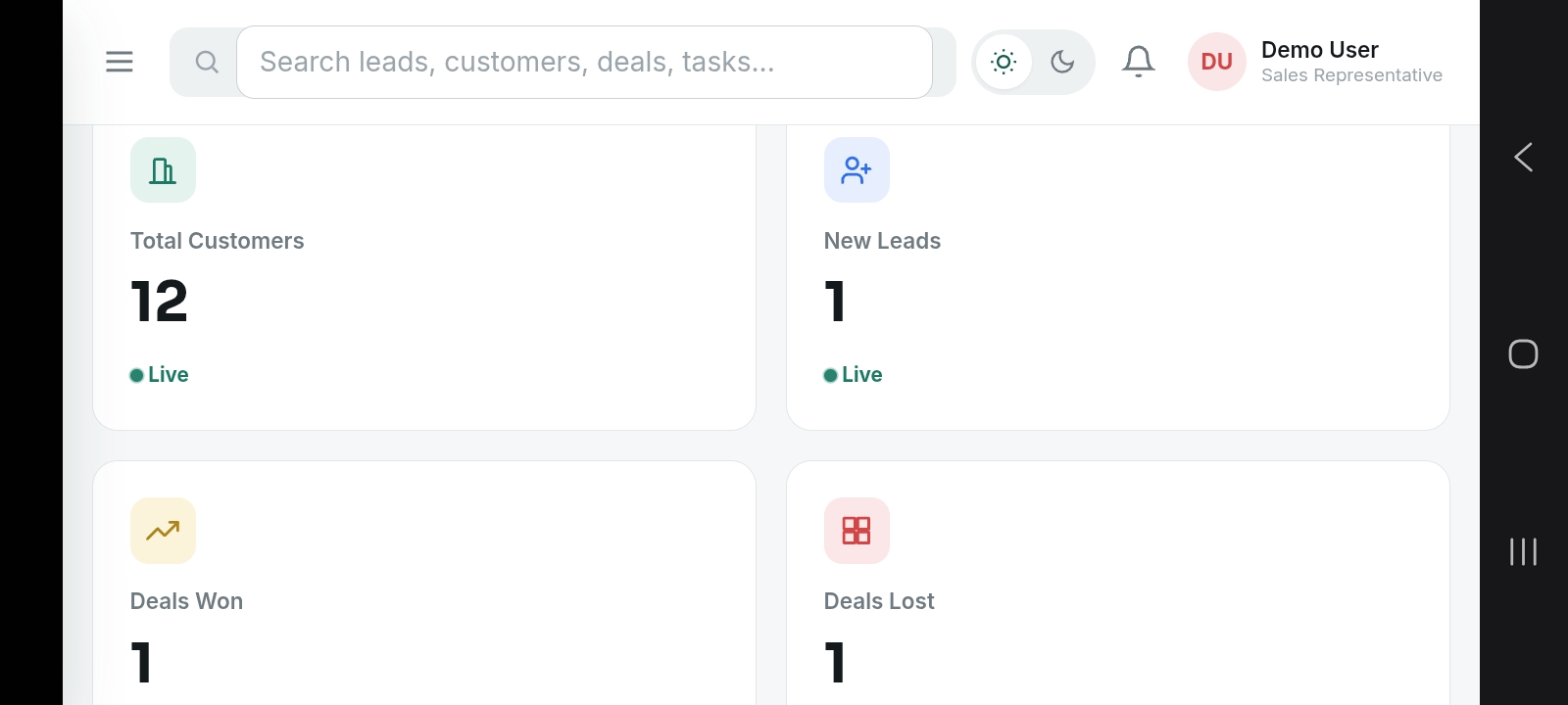 Business CRM dashboard showing total customers, new leads, and deals