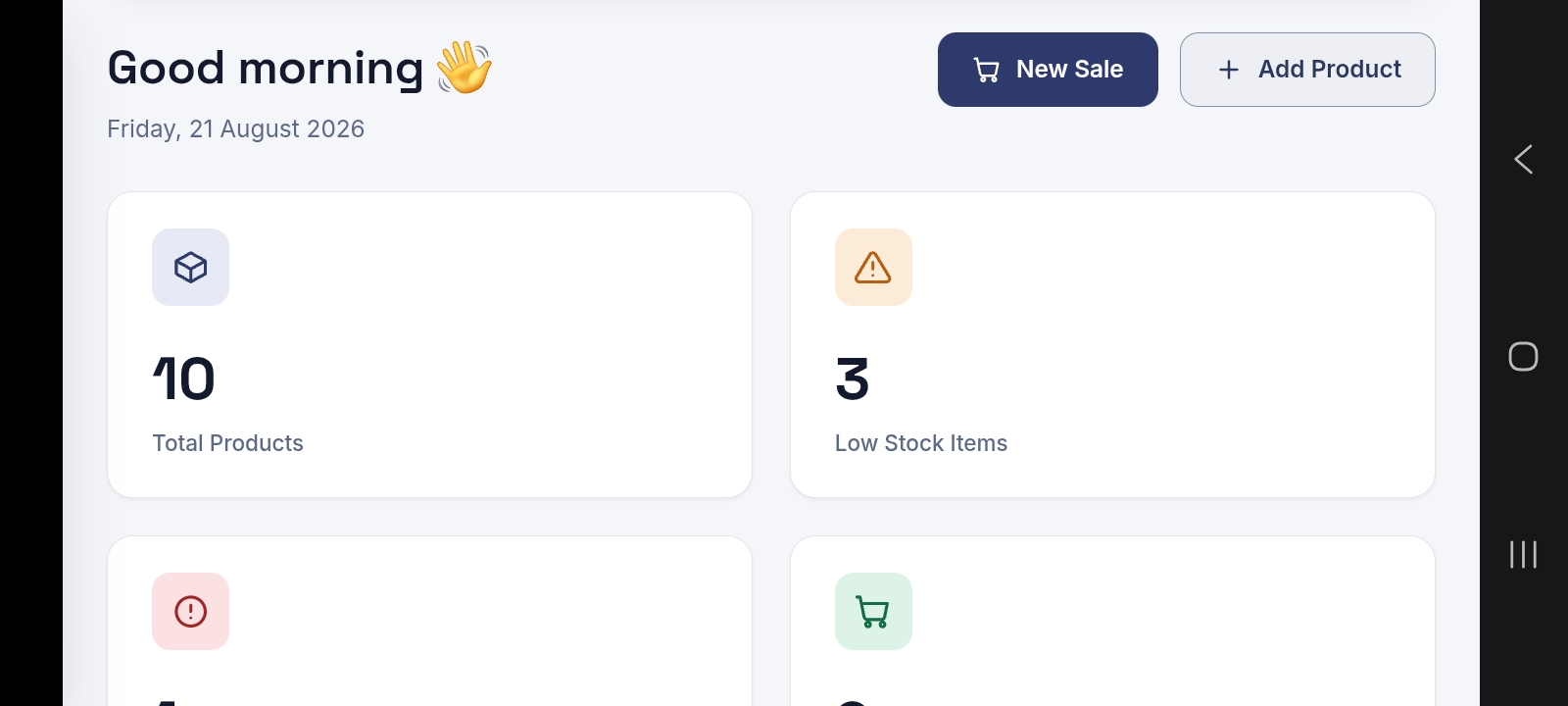 Inventory Management System dashboard showing total products and low stock alerts