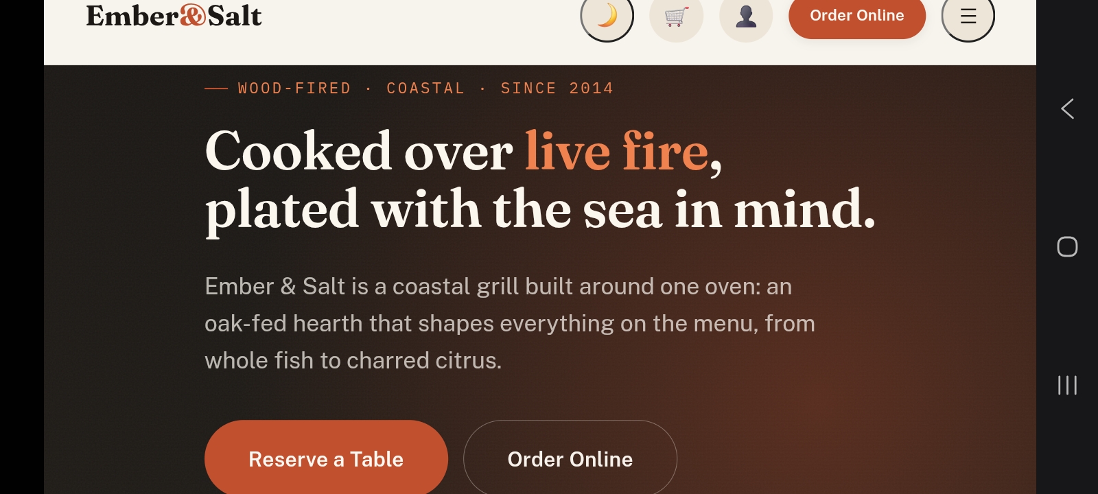 Ember and Salt restaurant ordering website homepage